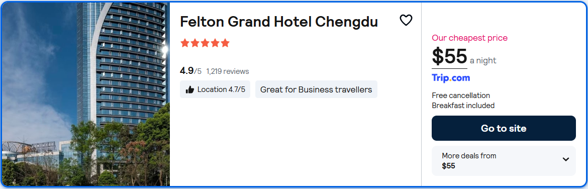 Stay at the 5* Felton Grand Hotel Chengdu in Chengdu, China for only $55 USD per night. Flight deal ticket image.