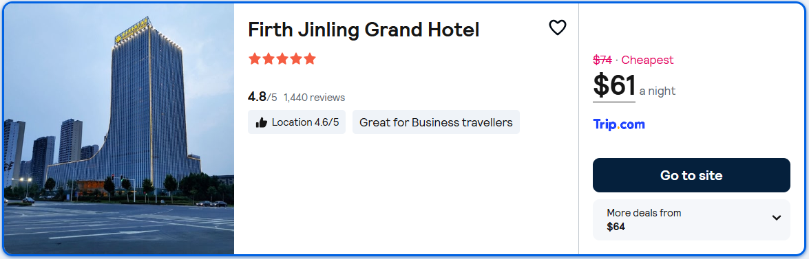 Stay at the 5* Firth Jinling Grand Hotel in Yangzhong, China for only $61 USD per night. Flight deal ticket image.