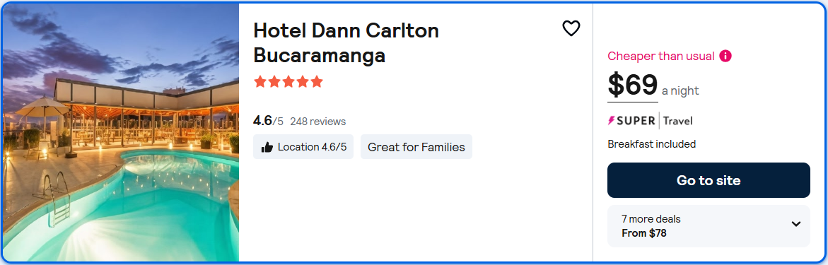Stay at the 5* Hotel Dann Carlton Bucaramanga in Bucaramanga, Colombia for only $69 USD per night. Flight deal ticket image.