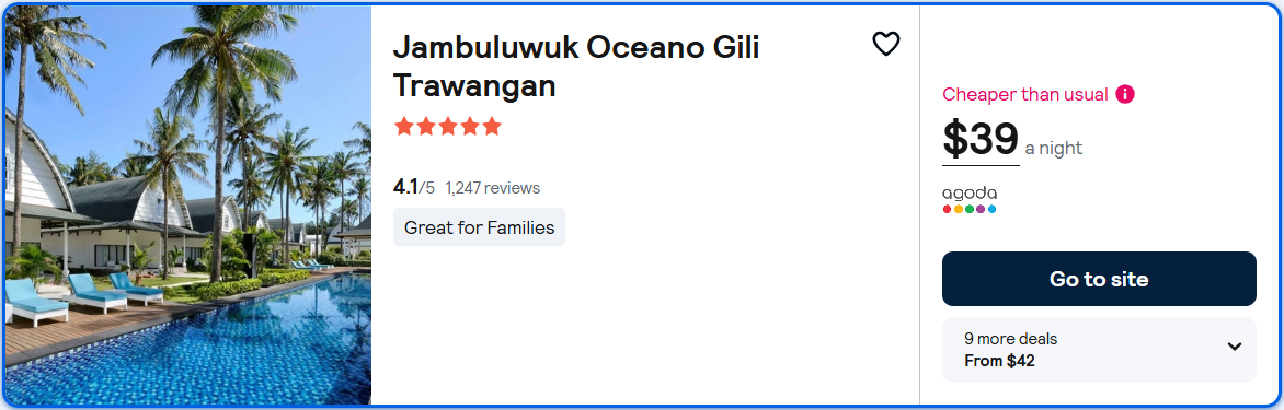Stay at the 5* Jambuluwuk Oceano Gili Trawangan in Pawenang, Indonesia for only $39 USD per night. Flight deal ticket image.
