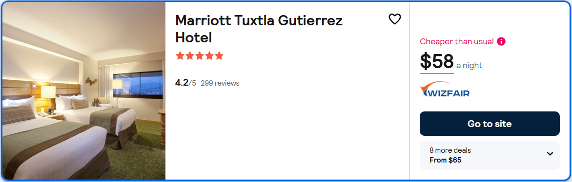 Click here to book this cheap flight deal. Stay at the 5* Marriott Tuxtla Gutierrez Hotel in Tuxtla Gutierrez, Mexico for only $58 USD per night. Flight deal ticket image.