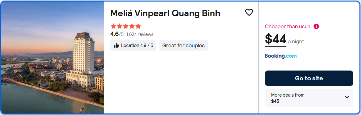 Stay at the 5* Meliá Vinpearl Quang Binh in Dong Hoi, Vietnam for only $44 USD per night. Flight deal ticket image.