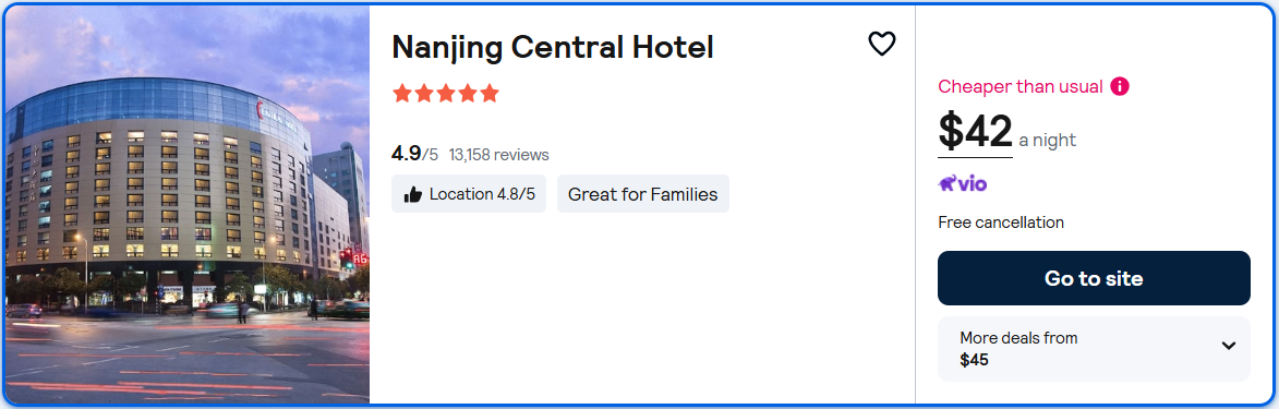 Stay at the 5* Nanjing Central Hotel in Nanjing, China for only $42 USD per night. Flight deal ticket image.