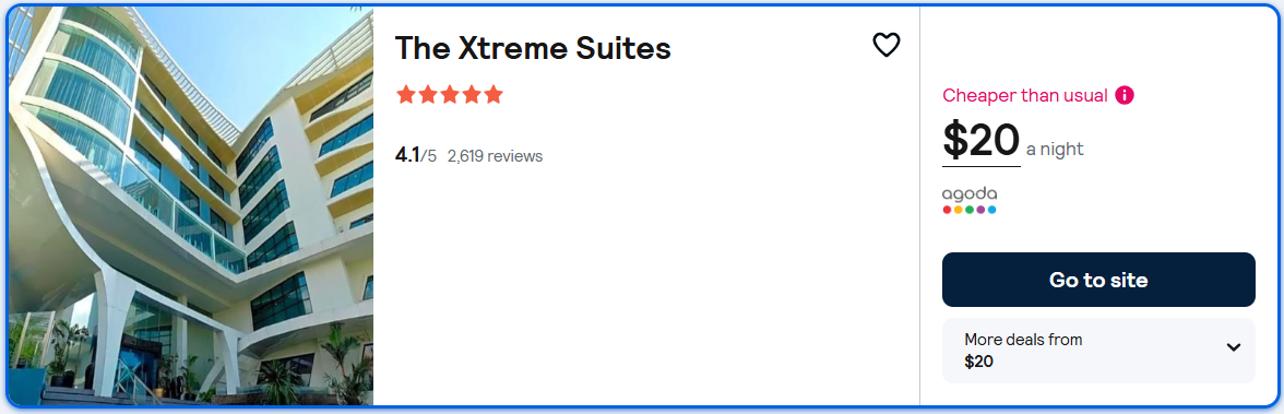 Click here to book this cheap flight deal. Stay at the 5* The Xtreme Suites in Bangkok, Thailand for only $20 USD per night. Flight deal ticket image.