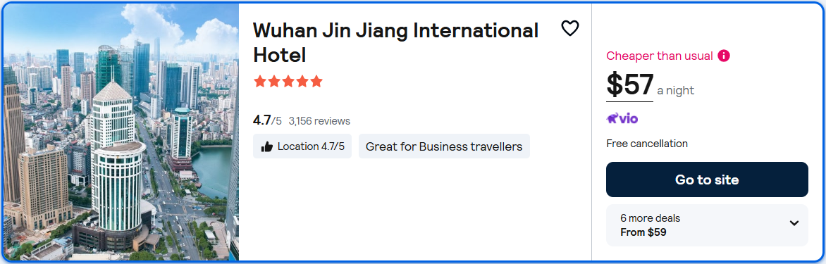 Stay at the 5* Wuhan Jin Jiang International Hotel in Wuhan, China for only $57 USD per night. Flight deal ticket image.