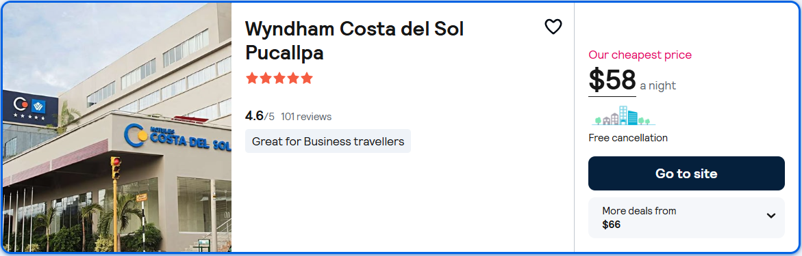 Click here to book this cheap flight deal. Stay at the 5* Wyndham Costa del Sol Pucallpa in Pucallpa, Peru for only $58 USD per night. Flight deal ticket image.