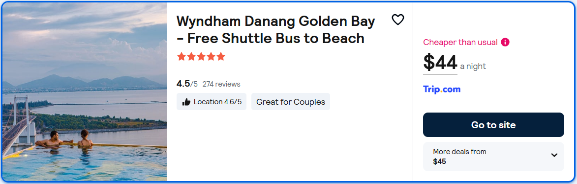 Stay at the 5* Wyndham Danang Golden Bay - Free Shuttle Bus to Beach in Da Nang, Vietnam for only $44 USD per night. Flight deal ticket image.