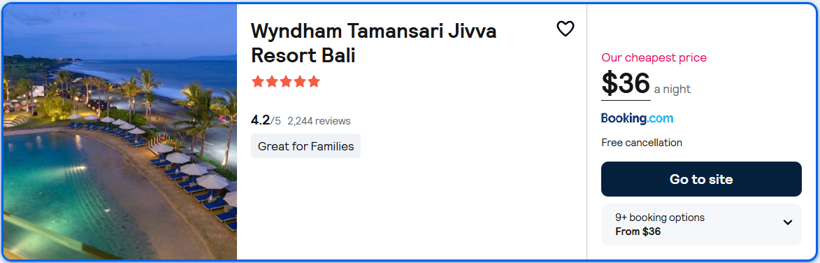 Click here to book this cheap flight deal. Stay at the 5* Wyndham Tamansari Jivva Resort Bali in Bali, Indonesia for only $36 USD per night. Flight deal ticket image.