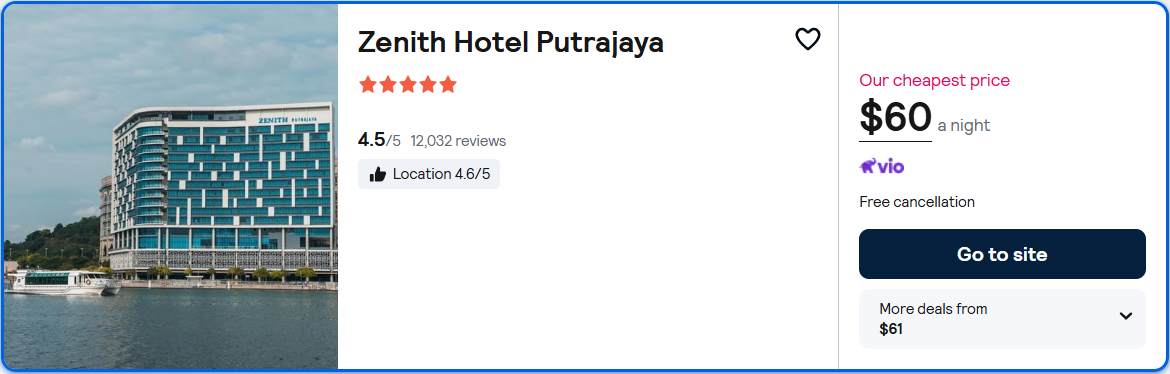 Click here to book this cheap flight deal. Stay at the 5* Zenith Hotel Putrajaya in Kuala Lumpur, Malaysia for only $60 USD per night. Flight deal ticket image.