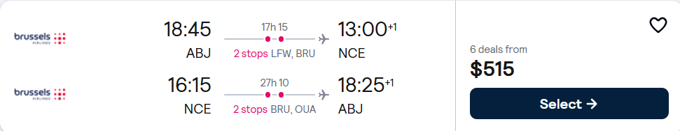 Cheap flights from Abidjan, Ivory Coast to Nice, France for only $515 USD roundtrip with Brussels Airlines. Flight deal ticket image.