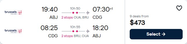 Click here to book this cheap flight deal. Summer flights from Abidjan, Ivory Coast to Paris, France for only $473 USD roundtrip with Brussels Airlines. Flight deal ticket image.