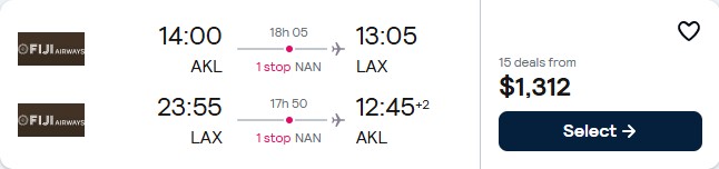 Cheap flights from Auckland, New Zealand to Los Angeles, USA for only $1312 NZD roundtrip with Fiji Airways. Flight deal ticket image.