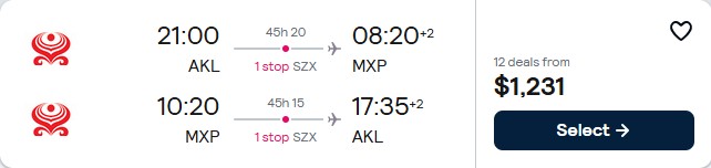 Cheap flights from Auckland, New Zealand to Milan, Italy for only $1231 NZD roundtrip with Hainan Airlines. Flight deal ticket image.
