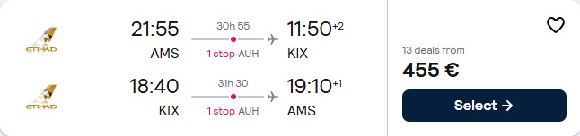 Cheap flights from European cities to Osaka, Japan from only €455 roundtrip with Etihad Airways. Flight deal ticket image.