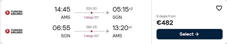 Click here to book this cheap flight deal. Cheap flights from Amsterdam, Netherlands to Ho Chi Minh City, Vietnam for only €482 roundtrip with Turkish Airlines. Flight deal ticket image.