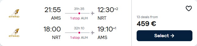 Click here to book this cheap flight deal. Cheap flights from European cities to Tokyo, Japan from only €459 roundtrip with Etihad Airways. Flight deal ticket image.