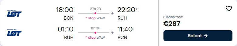 Summer flights from Barcelona, Spain to Riyadh, Saudi Arabia for only €287 roundtrip with LOT Polish Airlines. Flight deal ticket image.