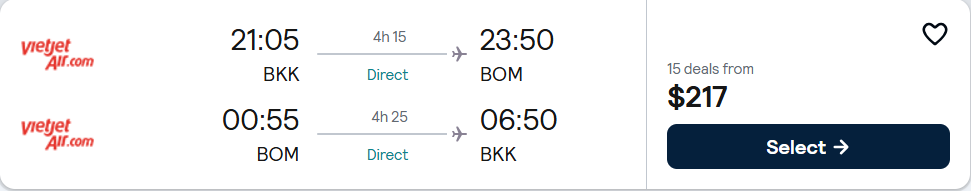 Non-stop flights from Bangkok, Thailand to Mumbai, India for only $217 USD roundtrip. Flight deal ticket image.