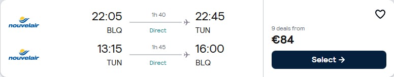 Non-stop flights from Bologna or Milan, Italy to Tunis, Tunisia from only €84 roundtrip. Flight deal ticket image.