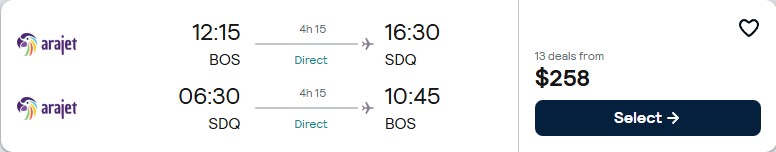 Non-stop flights from Boston to the Dominican Republic for only $258 roundtrip. Flight deal ticket image.