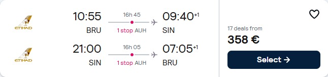 Click here to book this cheap flight deal. Cheap flights from European cities to Singapore from only €358 roundtrip with Etihad Airways. Flight deal ticket image.