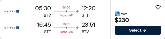 Cheap flights from Burlington, Vermont to the US Virgin Islands for only $230 roundtrip with United Airlines. Flight deal ticket image.