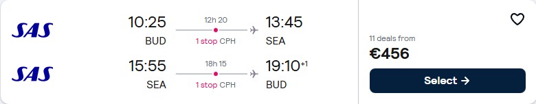 Click here to book this cheap flight deal. Cheap flights from Budapest, Hungary to Seattle, USA for only €462 roundtrip with Scandinavian Airlines. Flight deal ticket image.