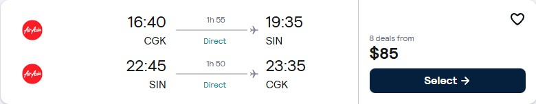 Click here to book this cheap flight deal. Non-stop flights from Jakarta, Indonesia to Singapore for only $85 USD roundtrip. Flight deal ticket image.
