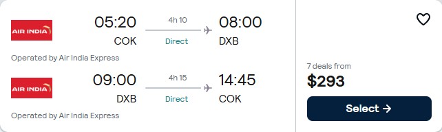 Non-stop flights from Kochi, India to Dubai, UAE for only $293 USD roundtrip. Flight deal ticket image.