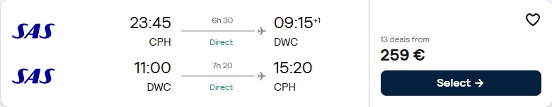 Non-stop flights from Copenhagen, Denmark to Dubai, UAE for only €259 roundtrip with Scandinavian Airlines. Flight deal ticket image.