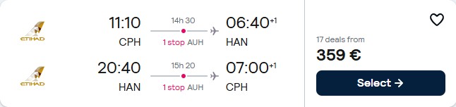 Cheap flights from European cities to Hanoi, Vietnam from only €359 roundtrip with Etihad Airways. Flight deal ticket image.