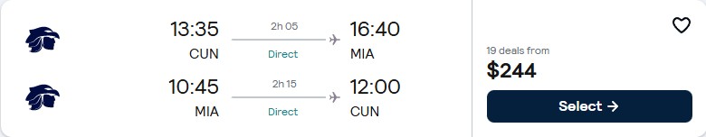 Click here to book this cheap flight deal. Non-stop flights from Cancun, Mexico to Miami, USA for only $244 USD roundtrip with Aeromexico. Flight deal ticket image.