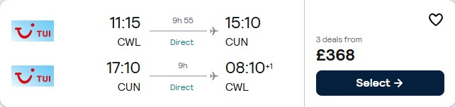 Non-stop flights from Cardiff, UK to Cancun, Mexico for only £368 roundtrip. Flight deal ticket image.