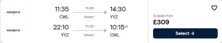 Click here to book this cheap flight deal. Non-stop flights from Cardiff, UK to Toronto, Canada for only £309 roundtrip. Flight deal ticket image.