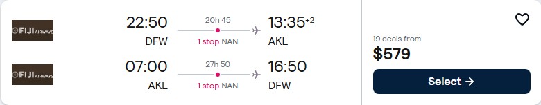 Cheap flights from Dallas, Texas to Auckland, New Zealand for only $579 roundtrip with Fiji Airways. Flight deal ticket image.