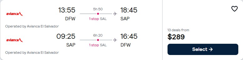 Cheap flights from Dallas, Texas to San Pedro Sula, Honduras for only $289 roundtrip with Avianca. Flight deal ticket image.