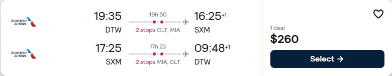 Click here to book this cheap flight deal. Cheap flights from Detroit to St. Martin for only $260 roundtrip with American Airlines. Flight deal ticket image.