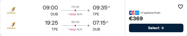 Cheap flights from Dublin, Ireland to Taipei, Taiwan for only €369 roundtrip with Etihad Airways. Flight deal ticket image.