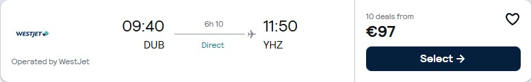 Click here to book this cheap flight deal. Non-stop flights from Dublin, Ireland to Halifax or Toronto, Canada from only €97 one-way. Flight deal ticket image.
