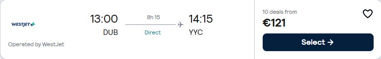 Non-stop flights from Dublin, Ireland to Calgary, Canada for only €121 one-way. Flight deal ticket image.
