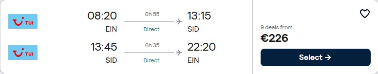 Click here to book this cheap flight deal. Non-stop, last minute flights from Eindhoven, Netherlands to Sal, Cape Verde for only €224 roundtrip. Flight deal ticket image.