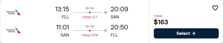 Cheap flights from Fort Lauderdale to San Diego for only $163 roundtrip with American Airlines. Also works in reverse. Flight deal ticket image.