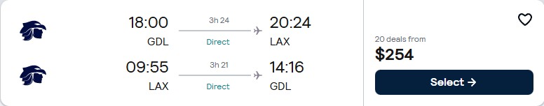 Click here to book this cheap flight deal. Non-stop flights from Guadalajara, Mexico to Los Angeles, USA for only $254 USD roundtrip with Aeromexico. Flight deal ticket image.