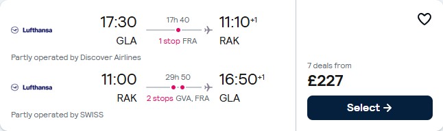 Click here to book this cheap flight deal. Cheap flights from Glasgow, Scotland to Marrakesh, Morocco for only £227 roundtrip with Lufthansa and Swiss International Air Lines. Flight deal ticket image.
