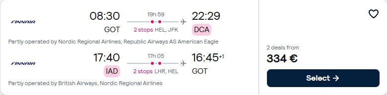 Cheap flights from Gothenburg, Sweden to Washington DC, USA for only €334 roundtrip with Finnair and British Airways. Flight deal ticket image.