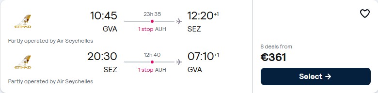 Click here to book this cheap flight deal. Cheap flights from European cities to the Seychelles from only €361 roundtrip with Etihad Airways. Flight deal ticket image.