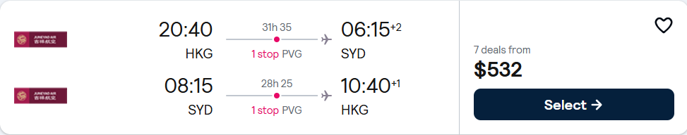 Cheap flights from Hong Kong to Sydney, Australia for only $532 USD roundtrip. Flight deal ticket image.