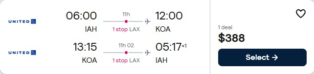 Click here to book this cheap flight deal. Cheap flights from Houston, Texas to Kona, Hawaii for only $388 roundtrip with United Airlines. Also works in reverse. Flight deal ticket image.