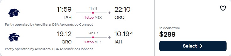 Cheap flights from Houston, Texas to Queretaro, Mexico for only $289 roundtrip with Aeromexico. Flight deal ticket image.