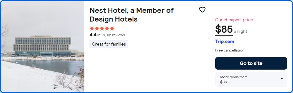Click here to book this cheap flight deal. Stay at the 5 Stars* Nest Hotel, a Member of Design Hotels in Incheon, South Korea for only $84 USD per night. Flight deal ticket image.